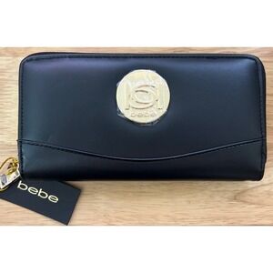 Bebe Melendy Wallet Black Gold  Zip- Around Zipper Stylish NWT